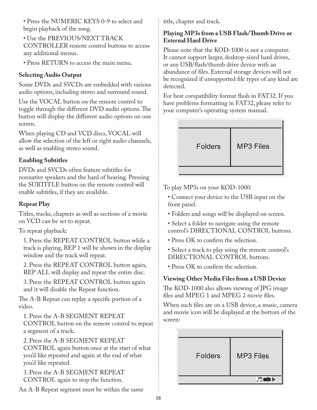 Acesonic KOD-1000 Selecting Audio Output, Enabling Subtitles, Repeat Play, Viewing Other Media Files from a USB Device 