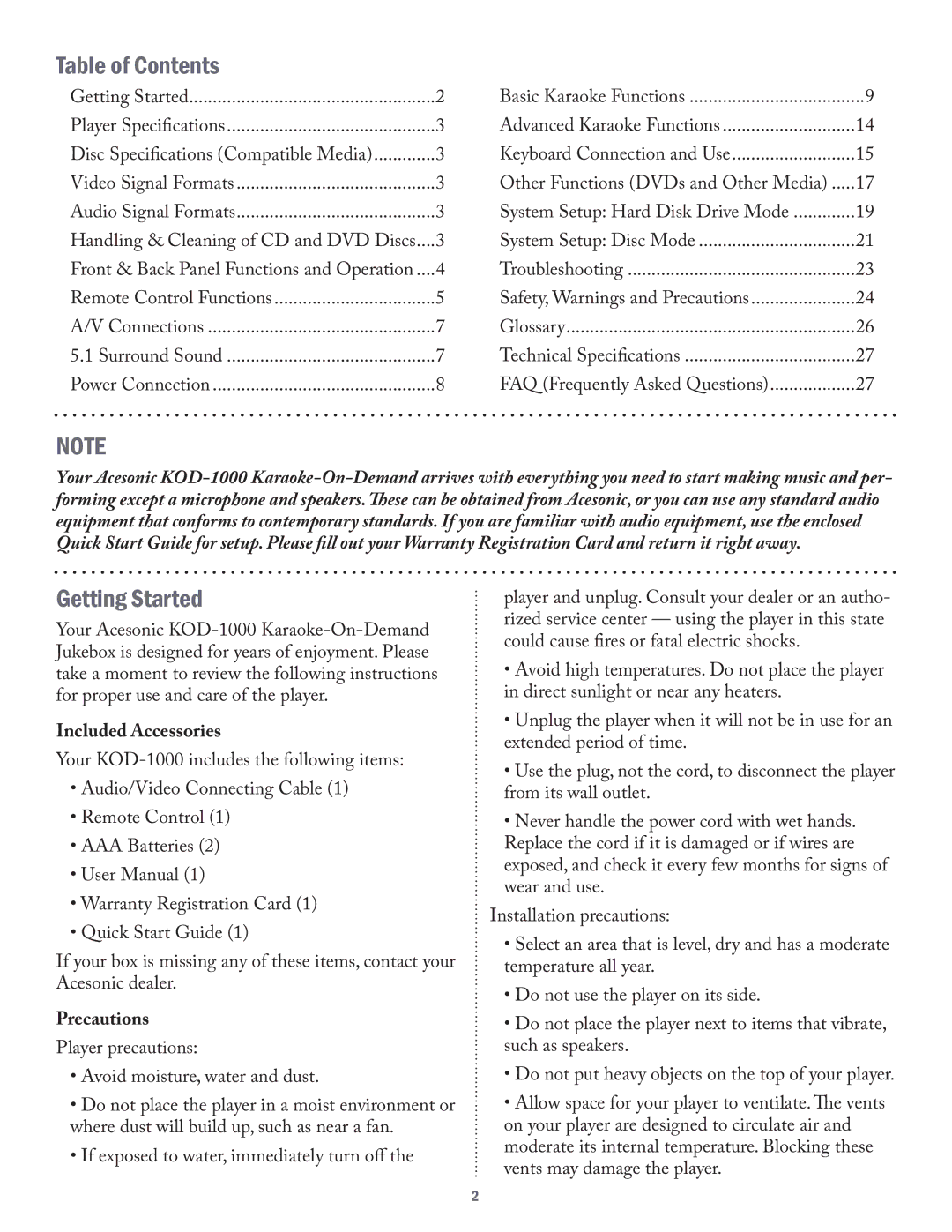 Acesonic KOD-1000 user manual Table of Contents, Getting Started 