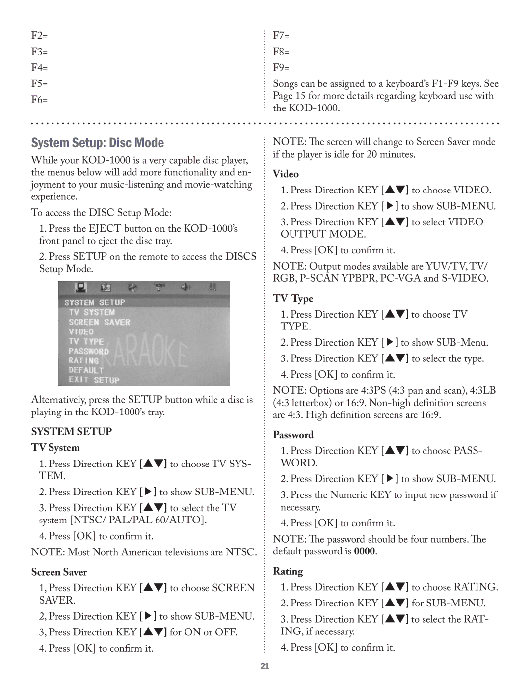 Acesonic KOD-1000 user manual System Setup Disc Mode 