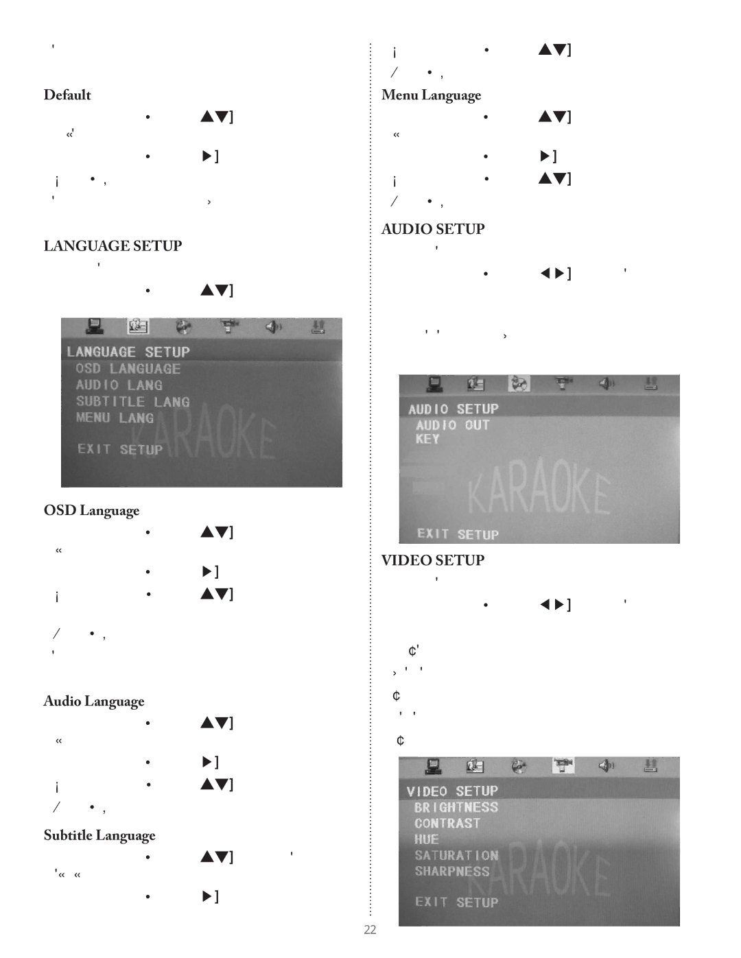 Acesonic KOD-1000 user manual Language Setup, Audio Setup, Video Setup 