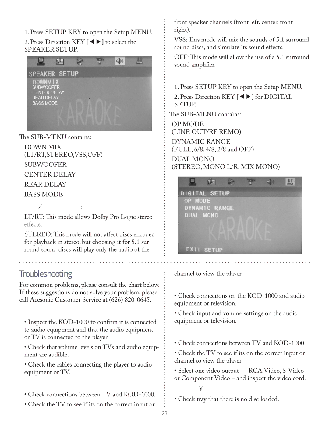 Acesonic KOD-1000 user manual Troubleshooting, Speaker Setup, Digital Setup 