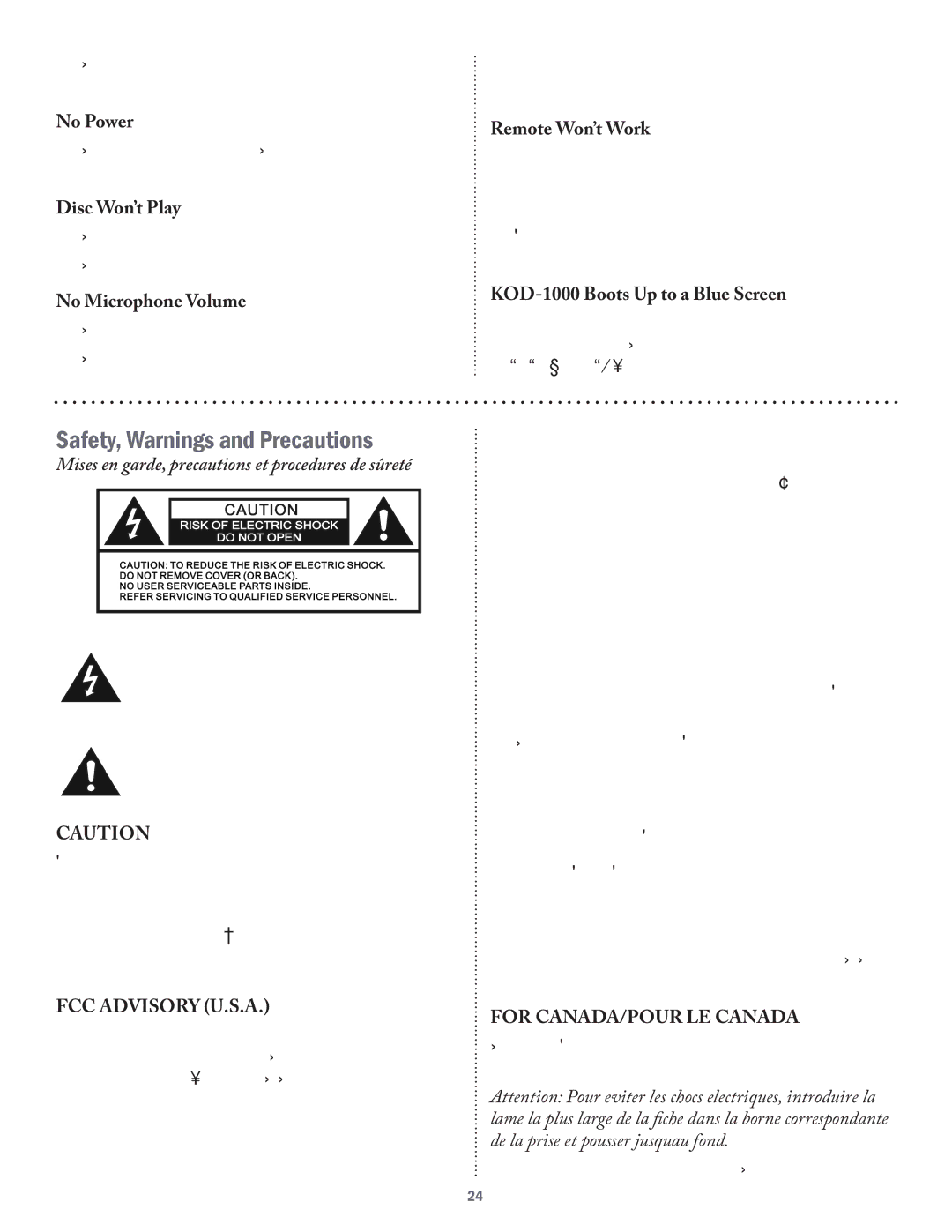 Acesonic KOD-1000 user manual Safety, Warnings and Precautions, FCC Advisory U.S.A, For CANADA/POUR LE Canada 