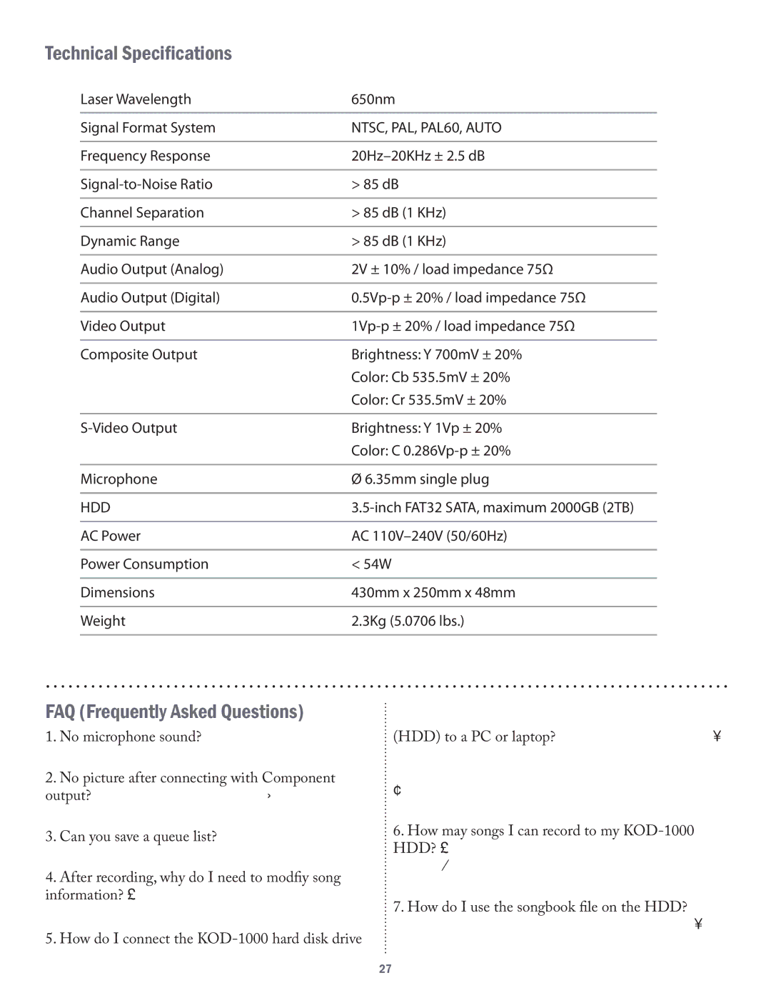 Acesonic KOD-1000 user manual Technical Specifications, FAQ Frequently Asked Questions 