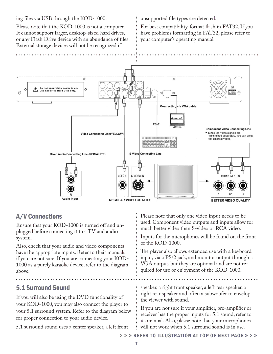 Acesonic KOD-1000 user manual Connections, Surround Sound 