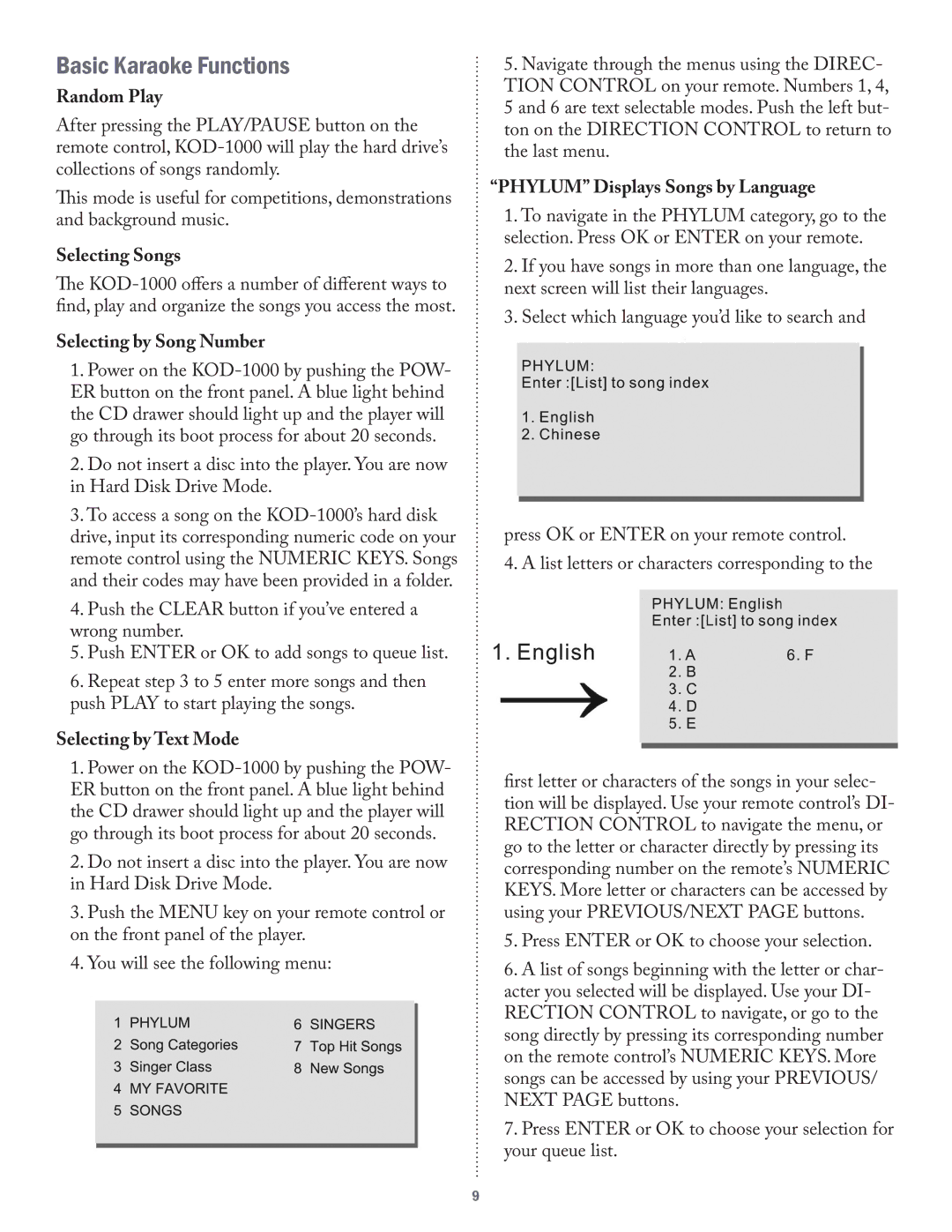 Acesonic KOD-1000 user manual Basic Karaoke Functions 