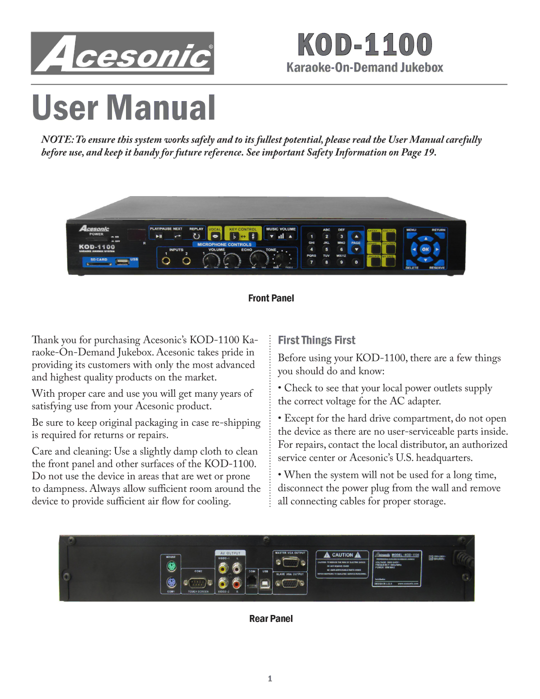 Acesonic KOD-1100 user manual Karaoke-On-Demand Jukebox 