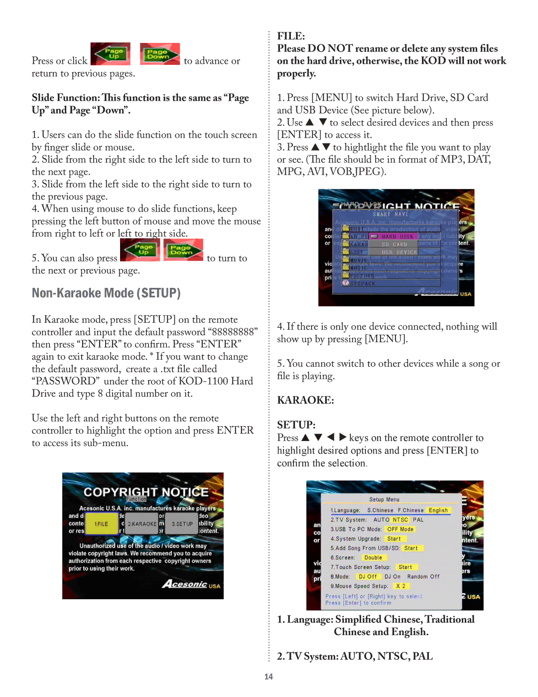 Acesonic KOD-1100 user manual Non-Karaoke Mode Setup, File, Karaoke Setup 