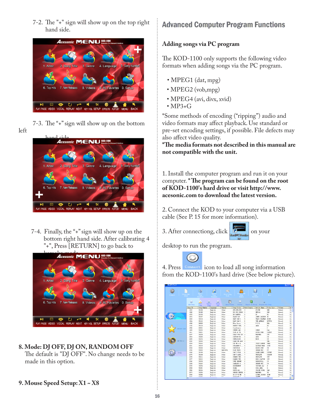 Acesonic KOD-1100 user manual Advanced Computer Program Functions, Mode DJ OFF, DJ ON, Random OFF, Mouse Speed Setup X1 ~ 