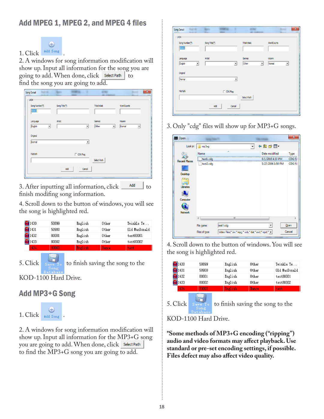 Acesonic KOD-1100 user manual Add Mpeg 1, Mpeg 2, and Mpeg 4 files, Add MP3+G Song 