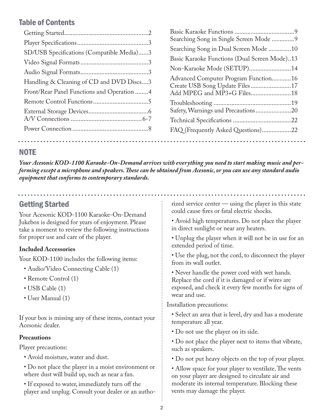 Acesonic KOD-1100 user manual Table of Contents, Getting Started 