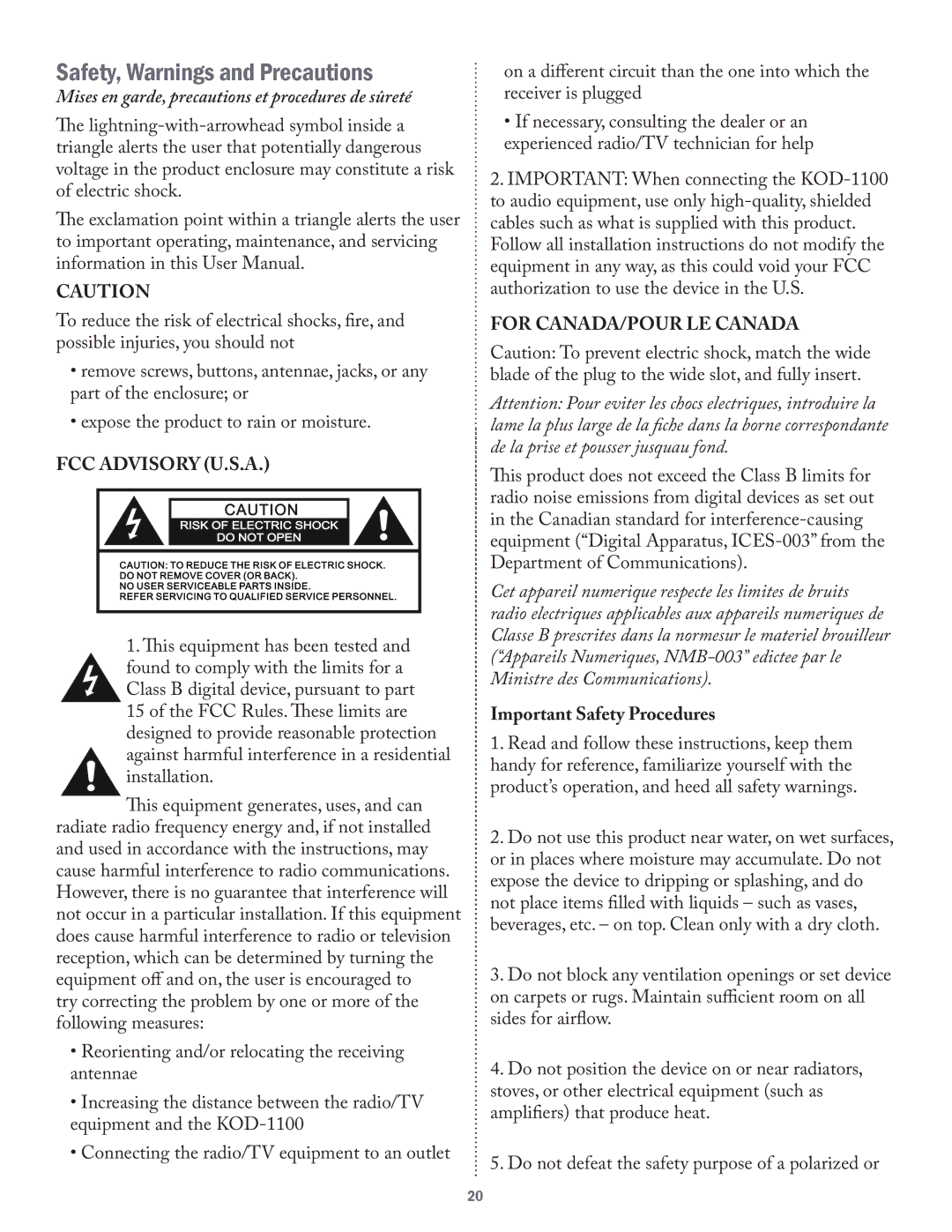 Acesonic KOD-1100 user manual Safety, Warnings and Precautions, FCC Advisory U.S.A, For CANADA/POUR LE Canada 