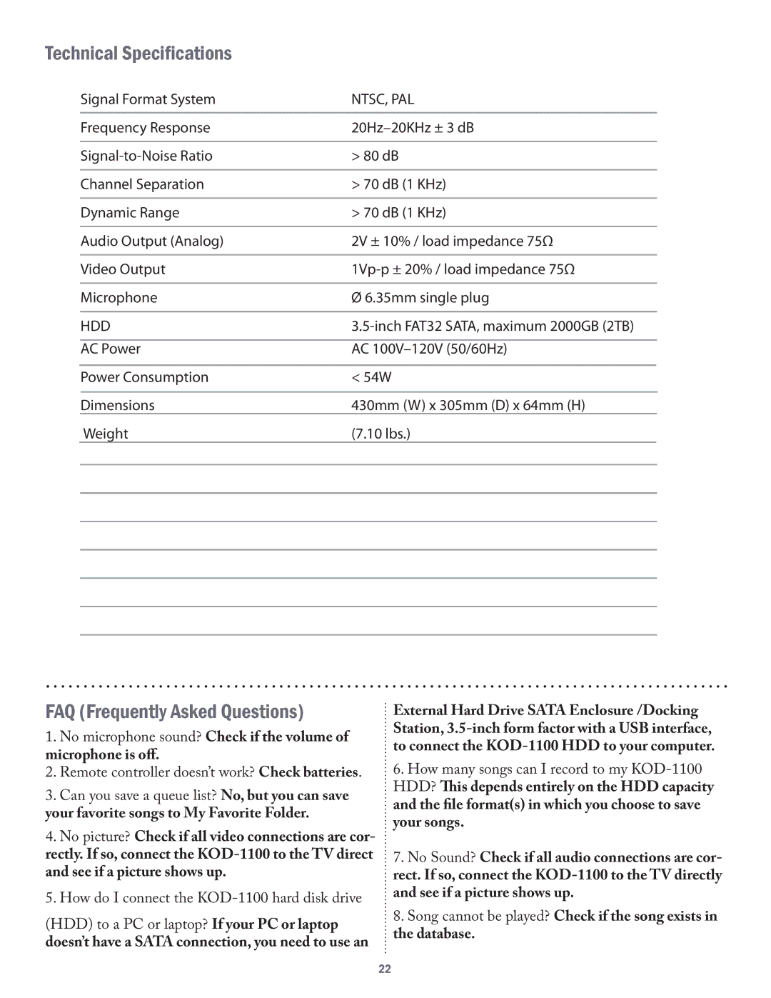 Acesonic KOD-1100 user manual Technical Specifications, FAQ Frequently Asked Questions 