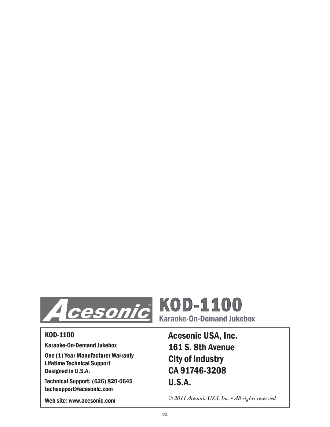 Acesonic KOD-1100 user manual Acesonic USA, Inc 