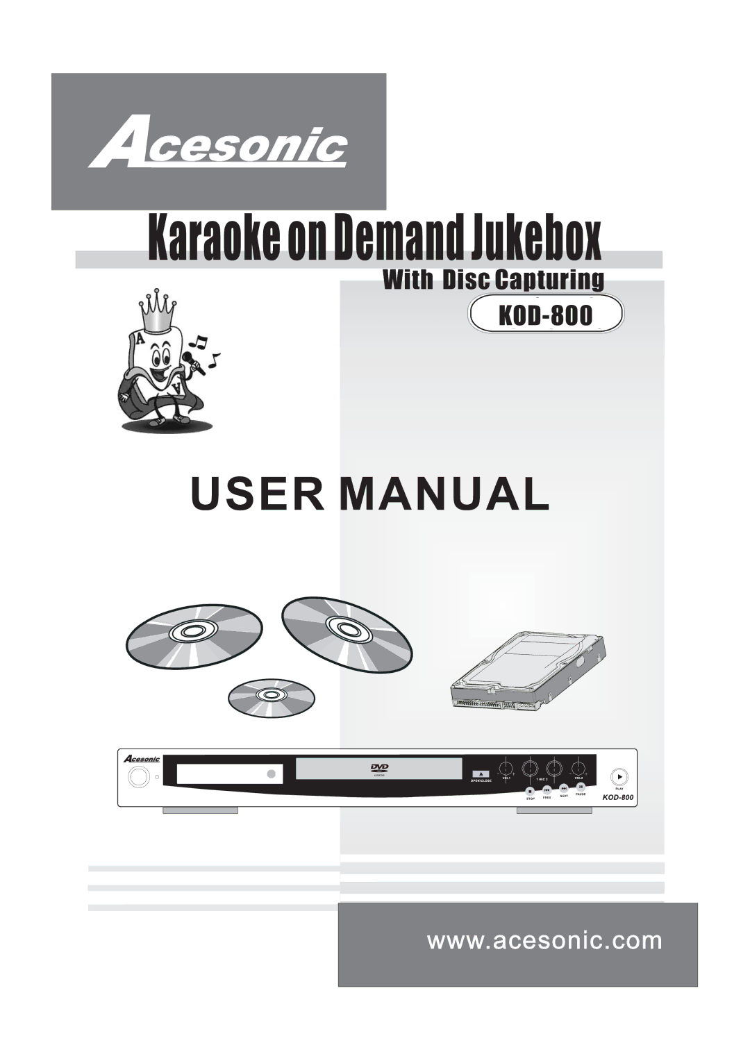 Acesonic KOD-800 manual Karaoke on Demand Jukebox 