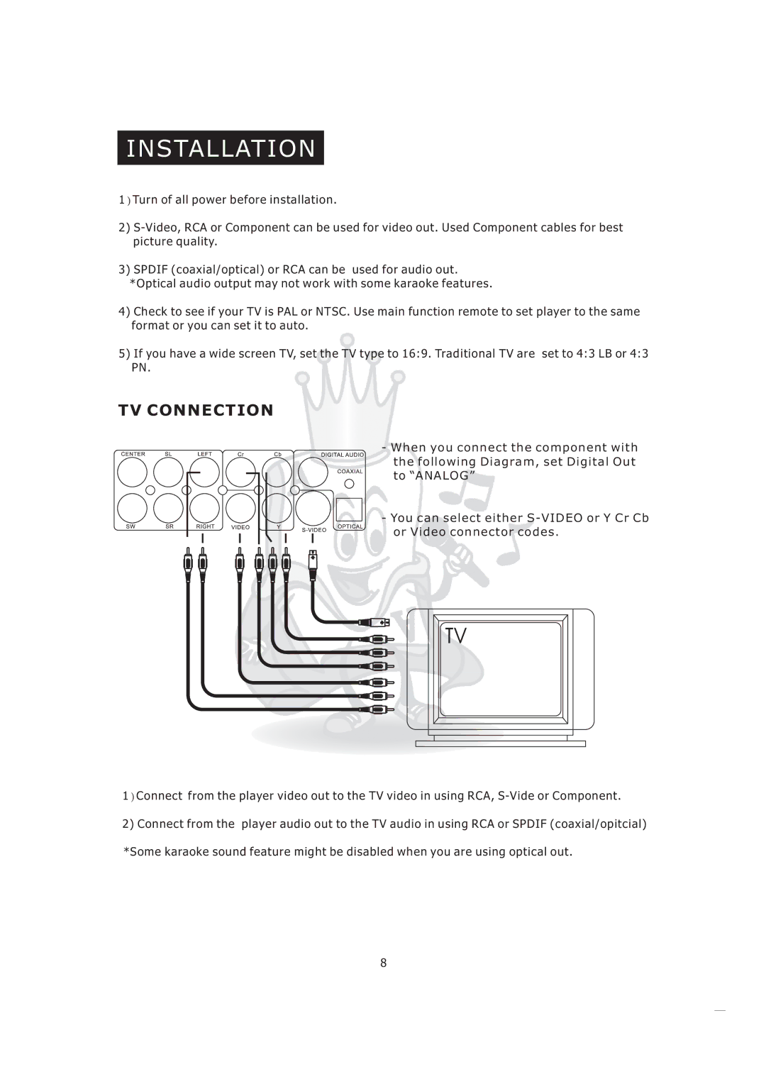 Acesonic KOD-800 manual Installation, TV Connection 