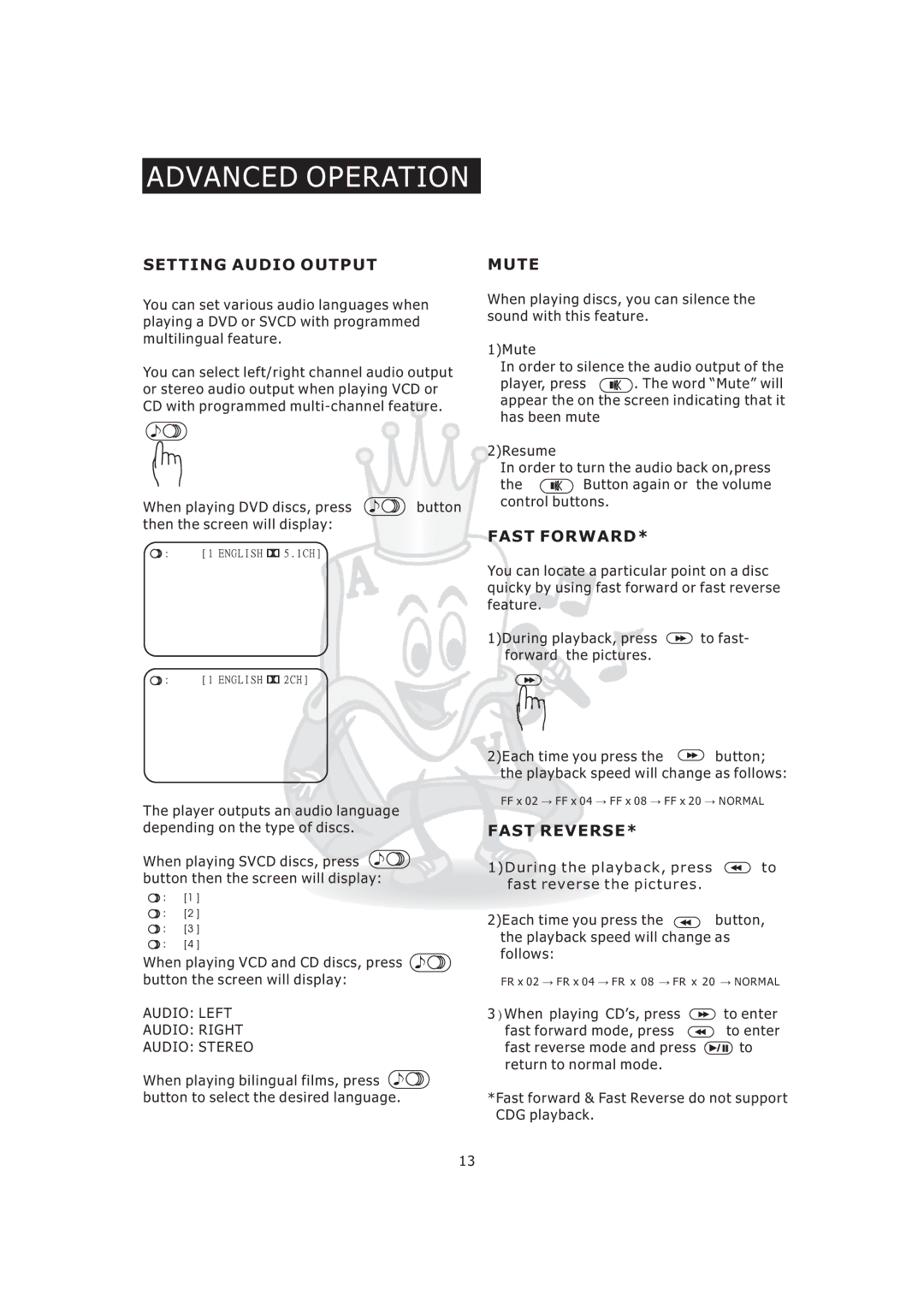 Acesonic KOD-800 manual Advanced Operation, Setting Audio Output, Mute, Fast Forward, Fast Reverse 