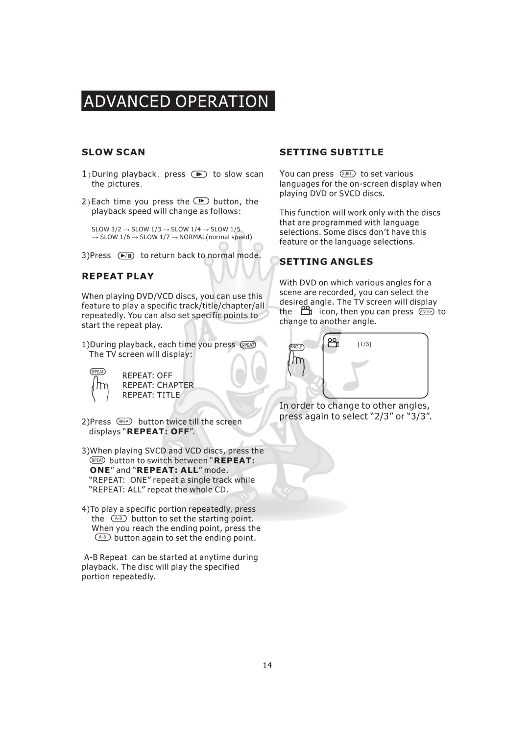 Acesonic KOD-800 manual Slow Scan, Repeat Play, Setting Subtitle, Setting Angles 