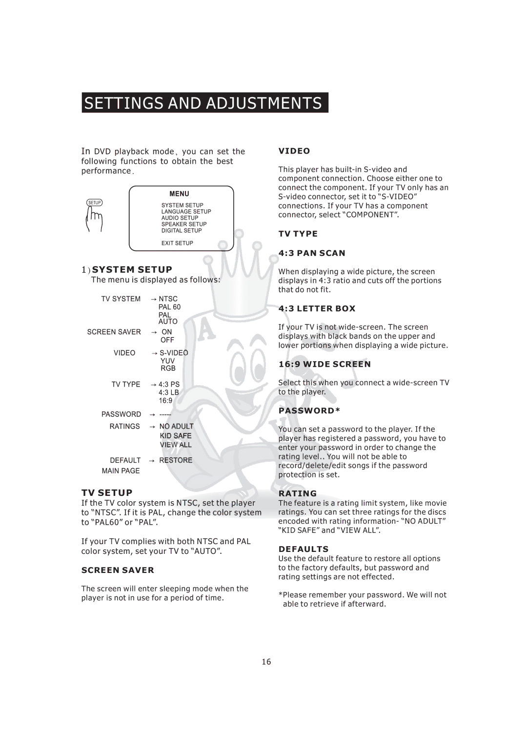 Acesonic KOD-800 manual Settings and Adjustments, 1SYSTEM Setup, TV Setup 