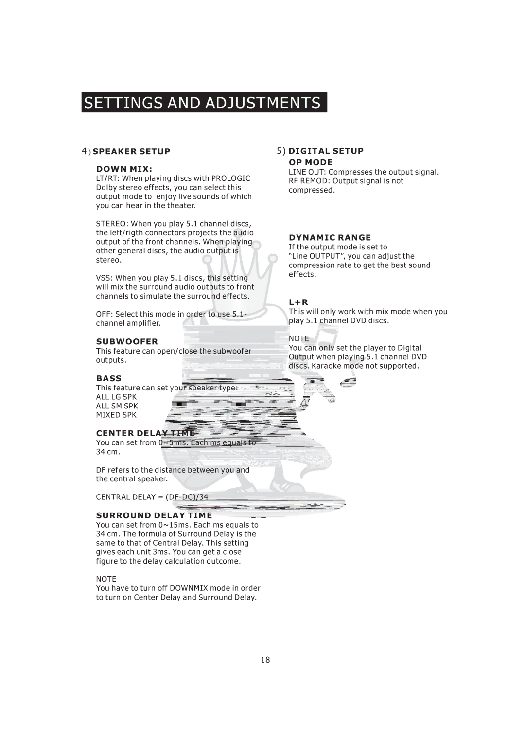 Acesonic KOD-800 manual 4SPEAKER Setup Down MIX, Subwoofer, Digital Setup OP Mode, Dynamic Range, Bass, Center Delay Time 
