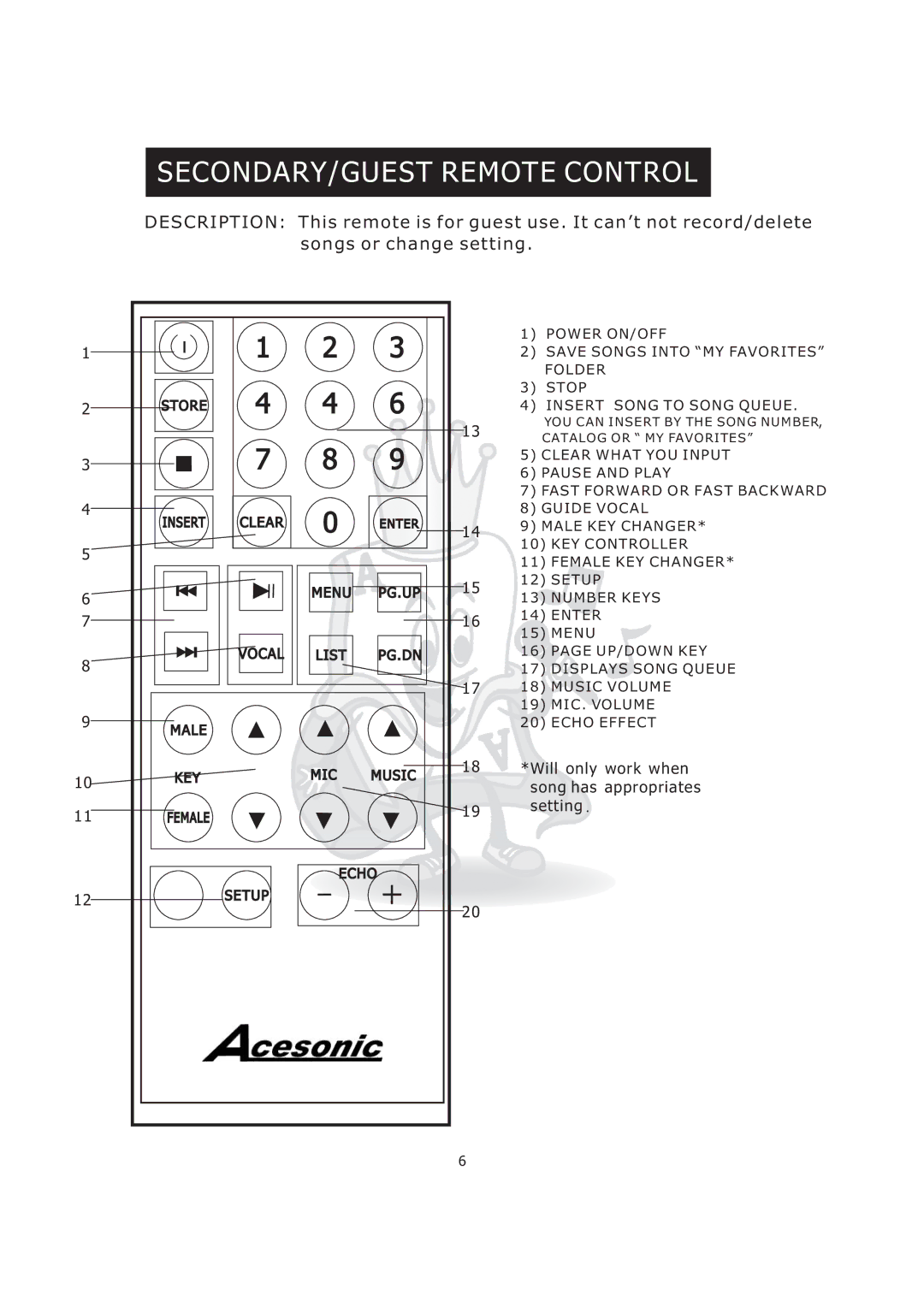 Acesonic KOD-800 manual SECONDARY/GUEST Remote Control, Echo Setup 