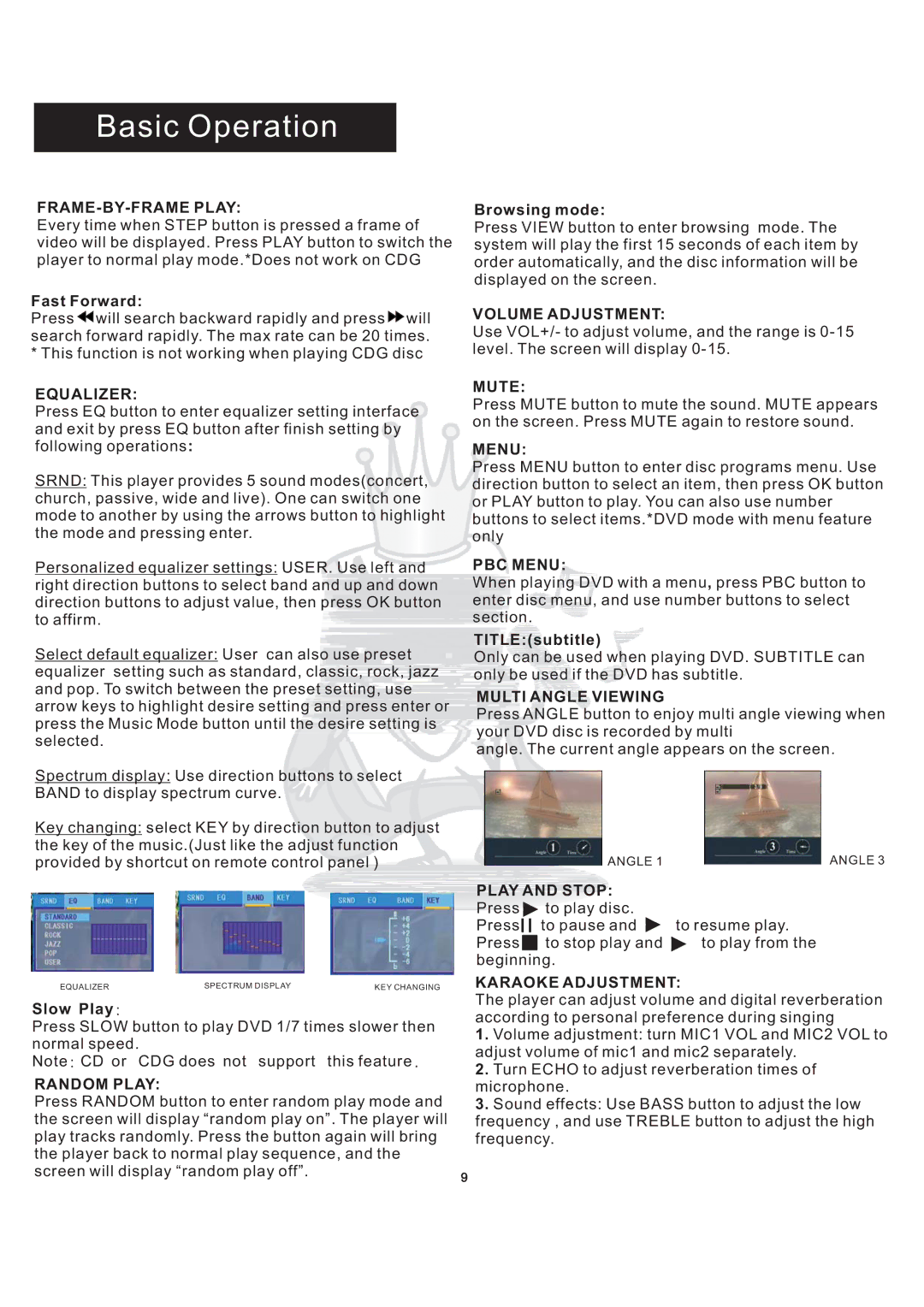 Acesonic DGX-108 FRAME-BY-FRAME Play, Equalizer, Random Play, Volume Adjustment, Mute, PBC Menu, Multi Angle Viewing 