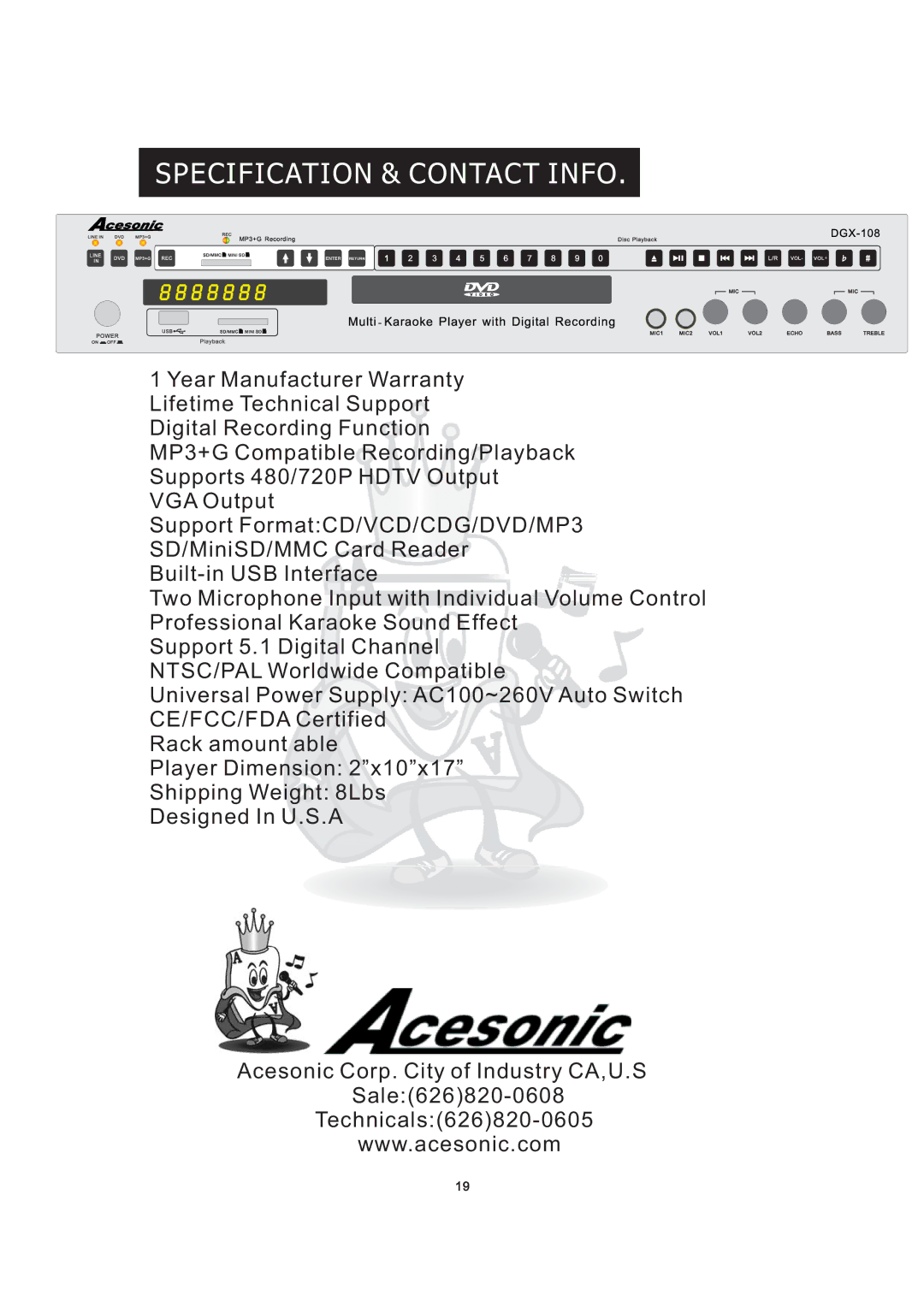 Acesonic DGX-108, Multi-Function Karaoke Player With Digital Recording user manual Specification & Contact Info 