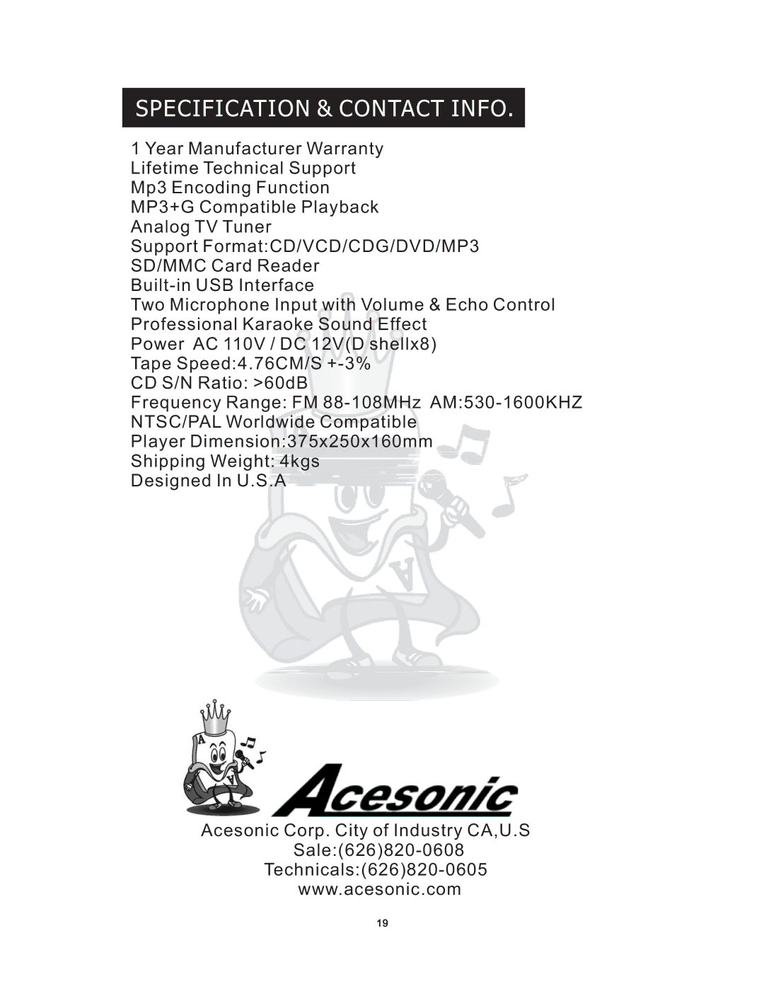 Acesonic PK 1130 user manual Specification & Contact Info 