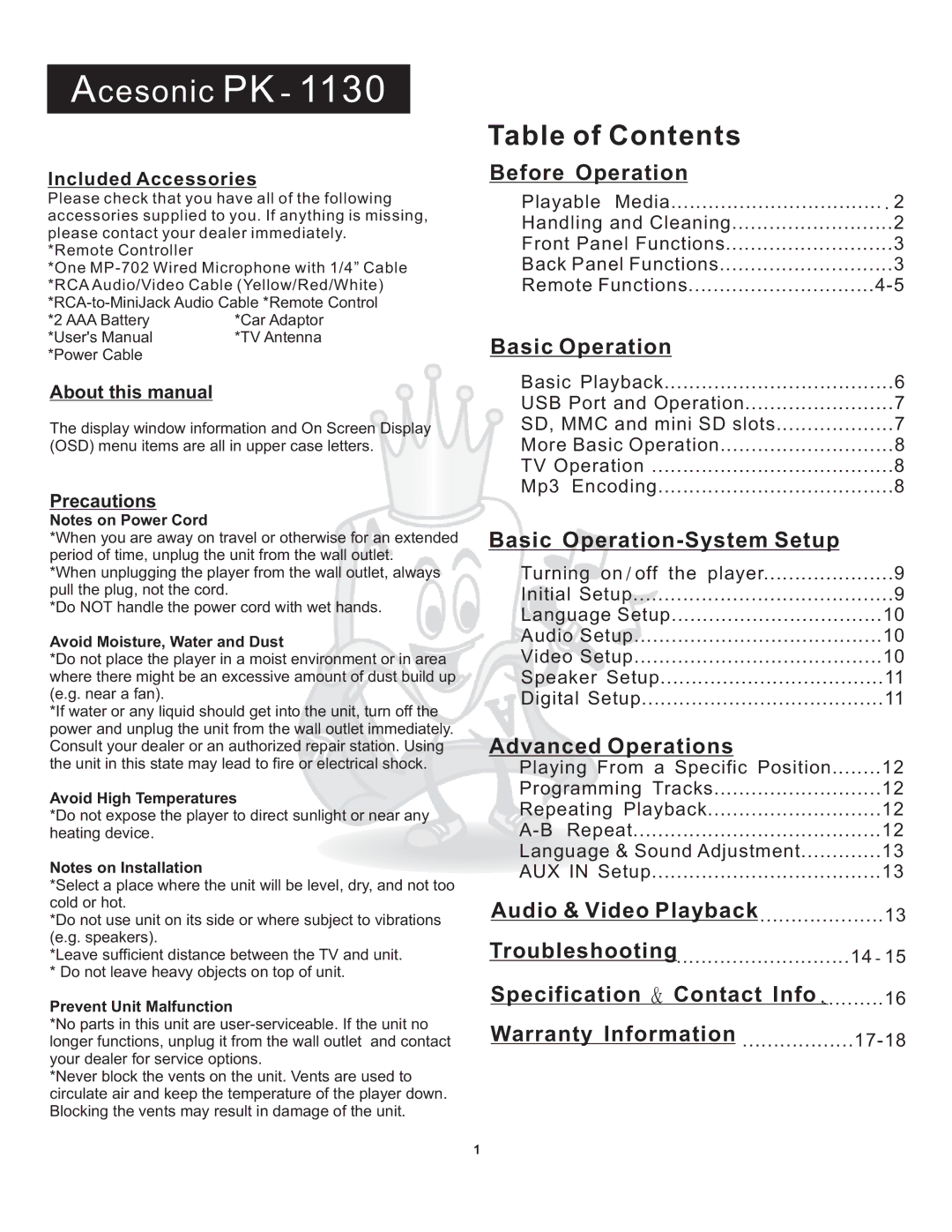 Acesonic PK 1130 user manual Acesonic PK 