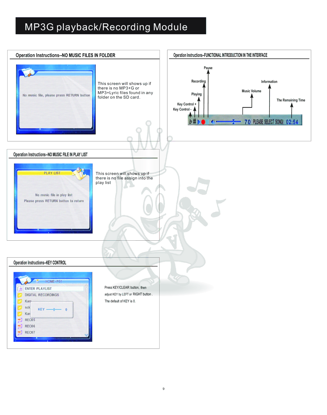 Acesonic PK-1248 Operation Instructions--NO Music Files in Folder, Operation Instructions--NO Music File in Play List 