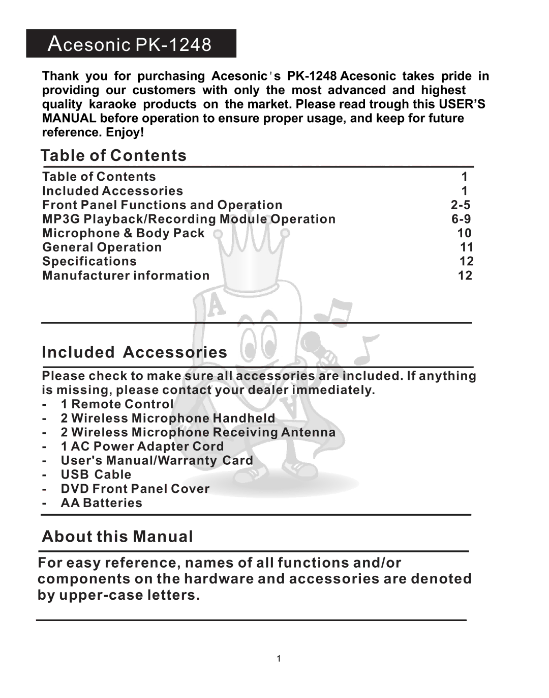 Acesonic user manual Acesonic PK-1248, Table of Contents 