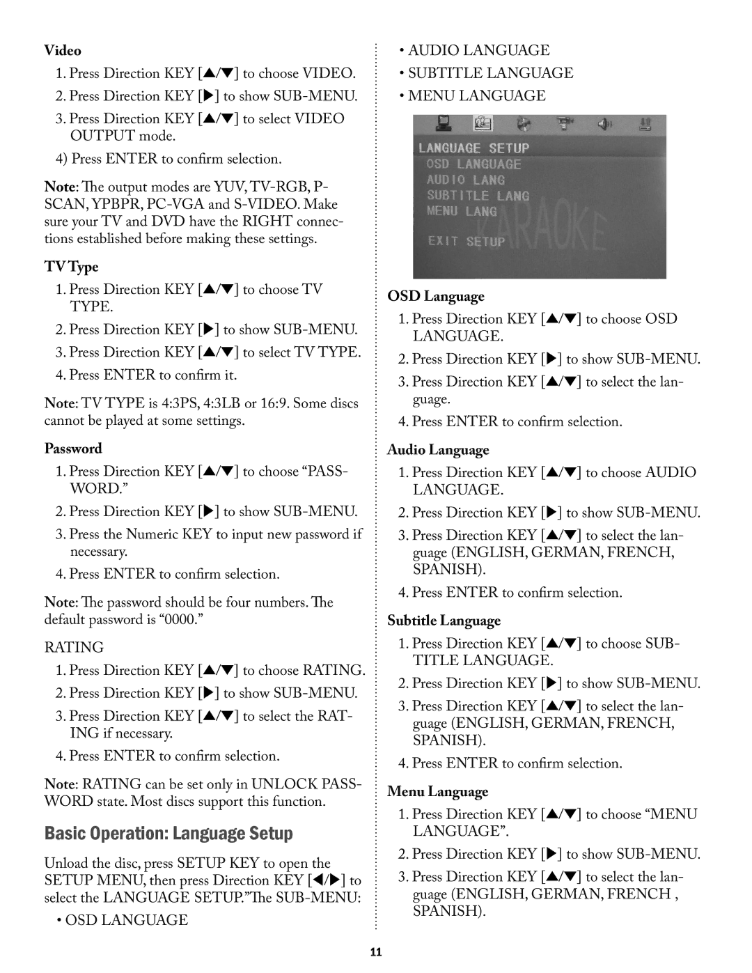 Acesonic PK-1290 user manual Basic Operation Language Setup 