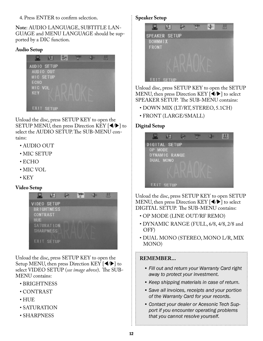 Acesonic PK-1290 user manual Audio Setup, Video Setup, Speaker Setup, Digital Setup 