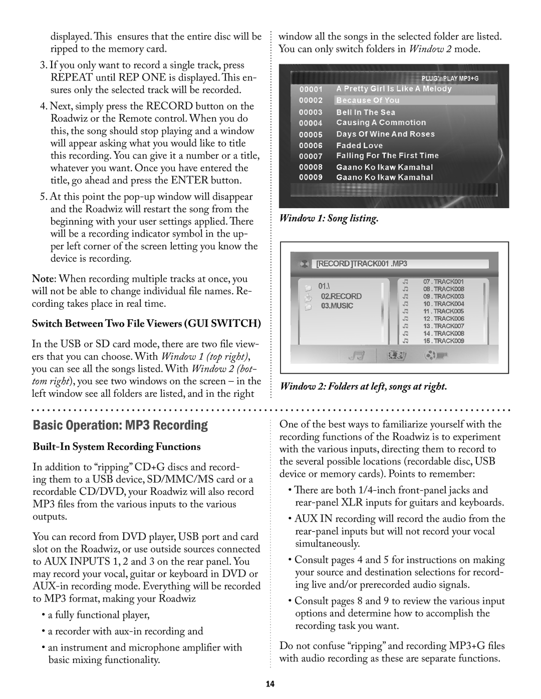 Acesonic PK-1290 user manual Basic Operation MP3 Recording, Switch Between Two File Viewers GUI Switch 