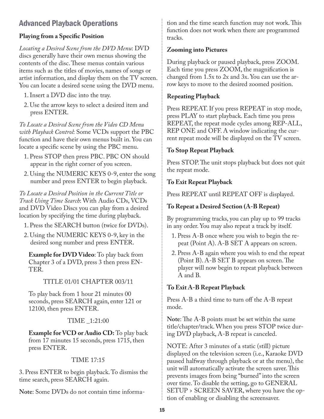 Acesonic PK-1290 user manual Advanced Playback Operations 