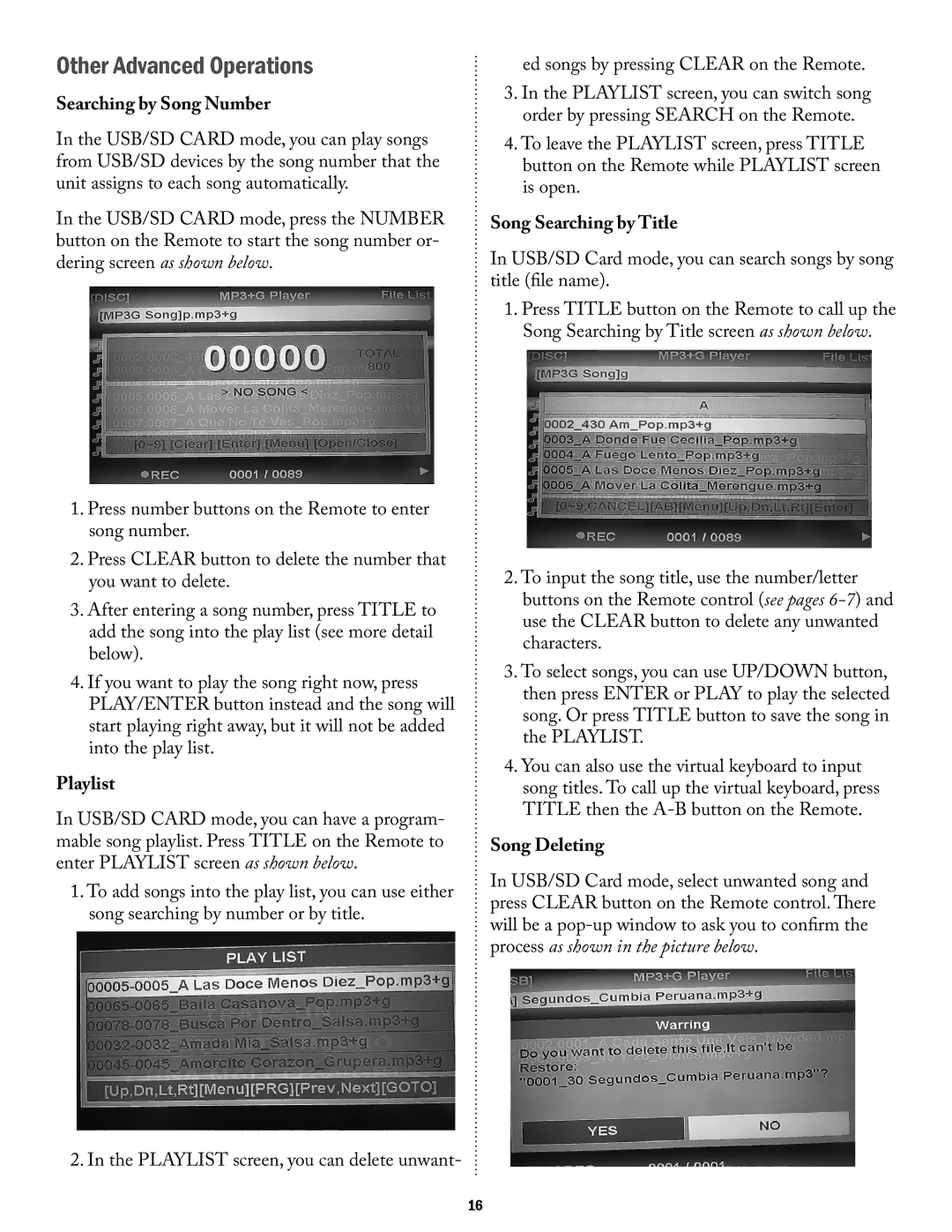 Acesonic PK-1290 Other Advanced Operations, Searching by Song Number, Playlist, Song Searching by Title, Song Deleting 