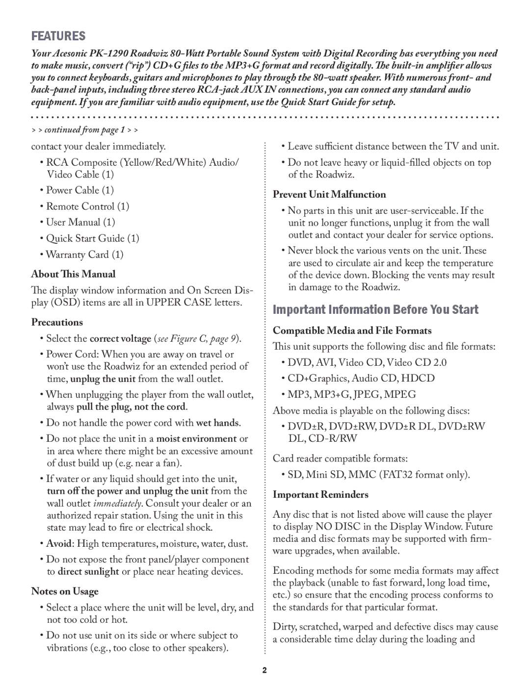 Acesonic PK-1290 user manual Important Information Before You Start 