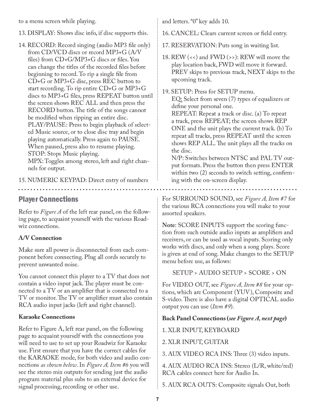 Acesonic PK-1290 user manual Player Connections, Karaoke Connections, Back Panel Connections see Figure A, next 