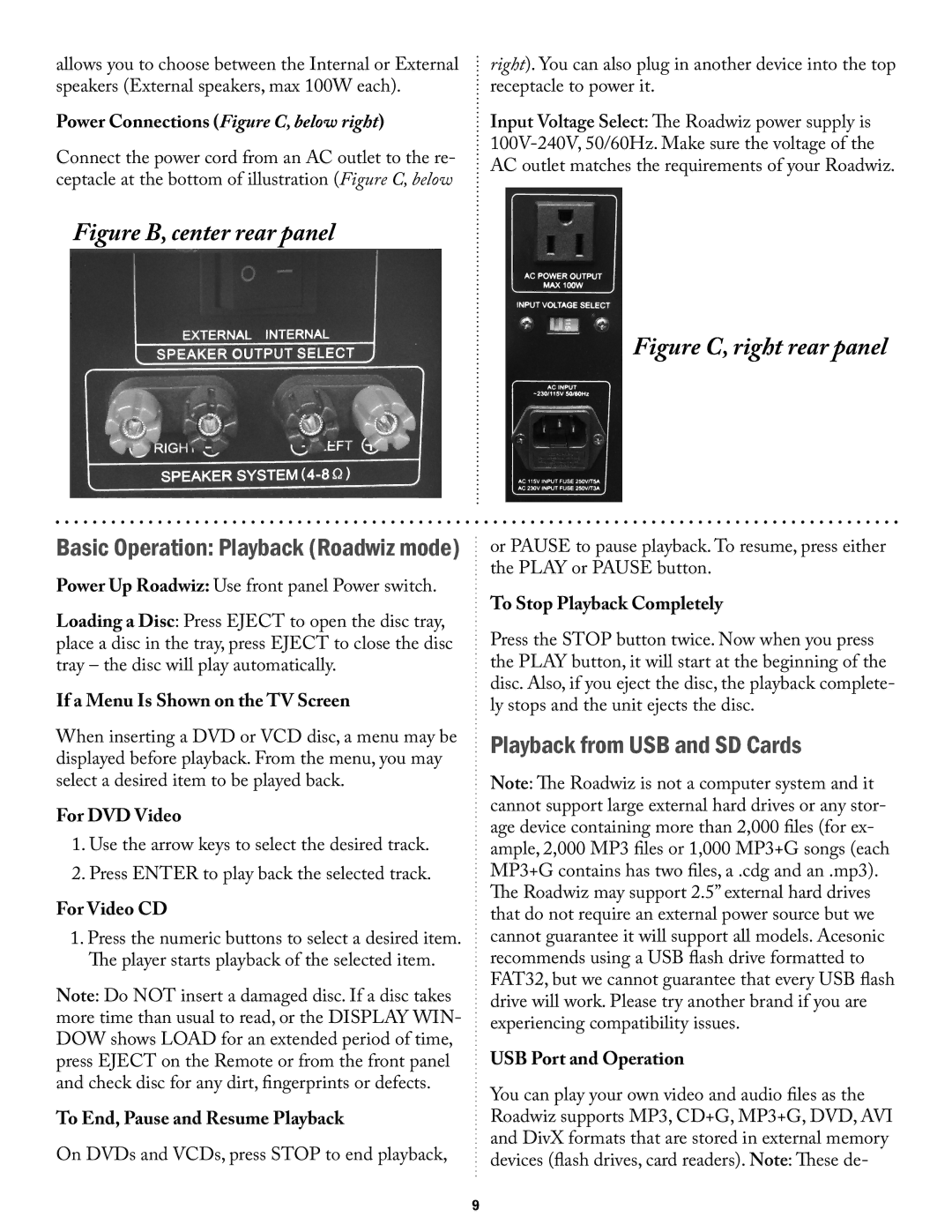 Acesonic PK-1290 user manual Basic Operation Playback Roadwiz mode, Playback from USB and SD Cards 