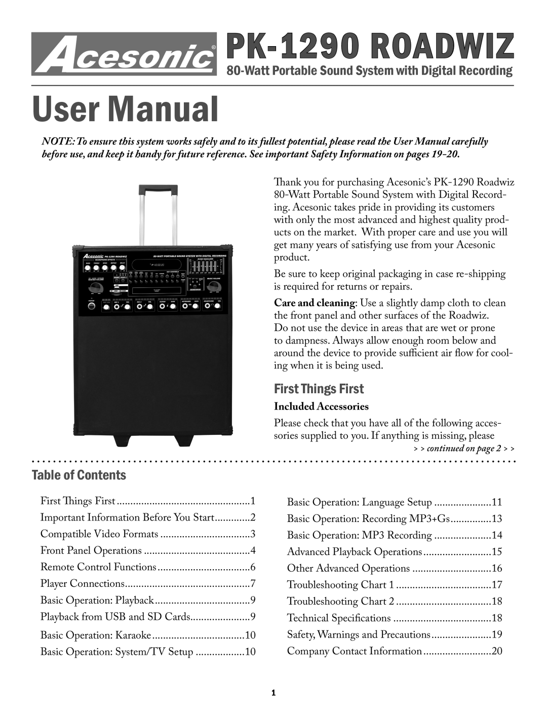 Acesonic user manual First Things First, Table of Contents, Included Accessories, PK-1290ROADWIZ 