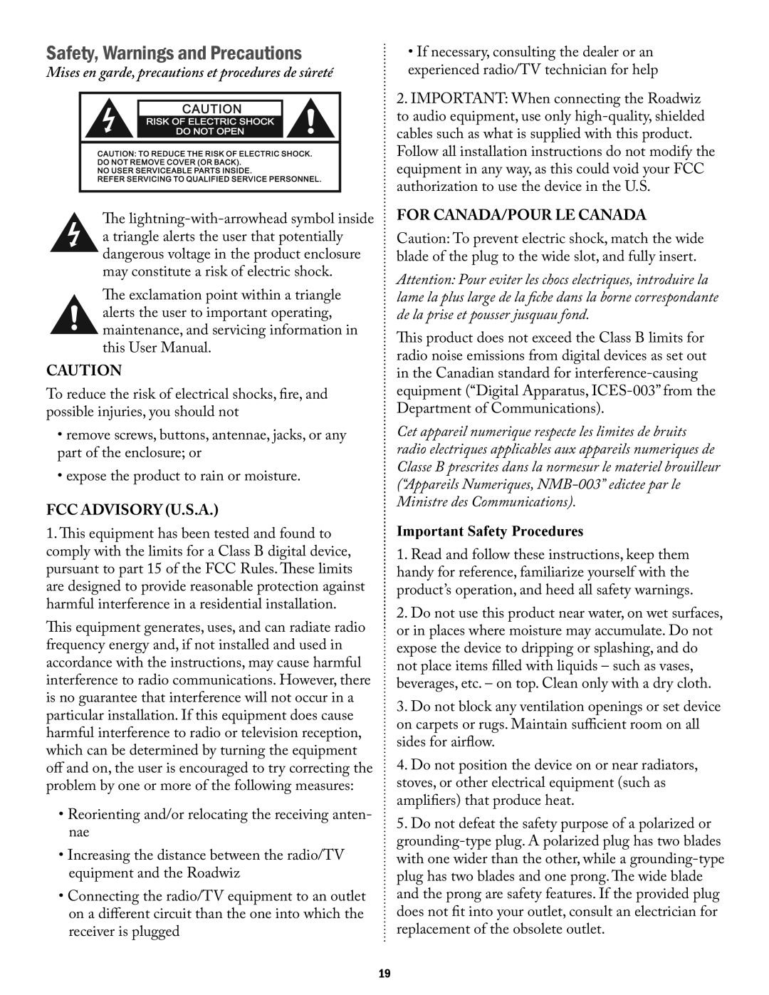 Acesonic PK-1290 user manual Safety, Warnings and Precautions, Fcc Advisory U.S.A, For Canada/Pour Le Canada 