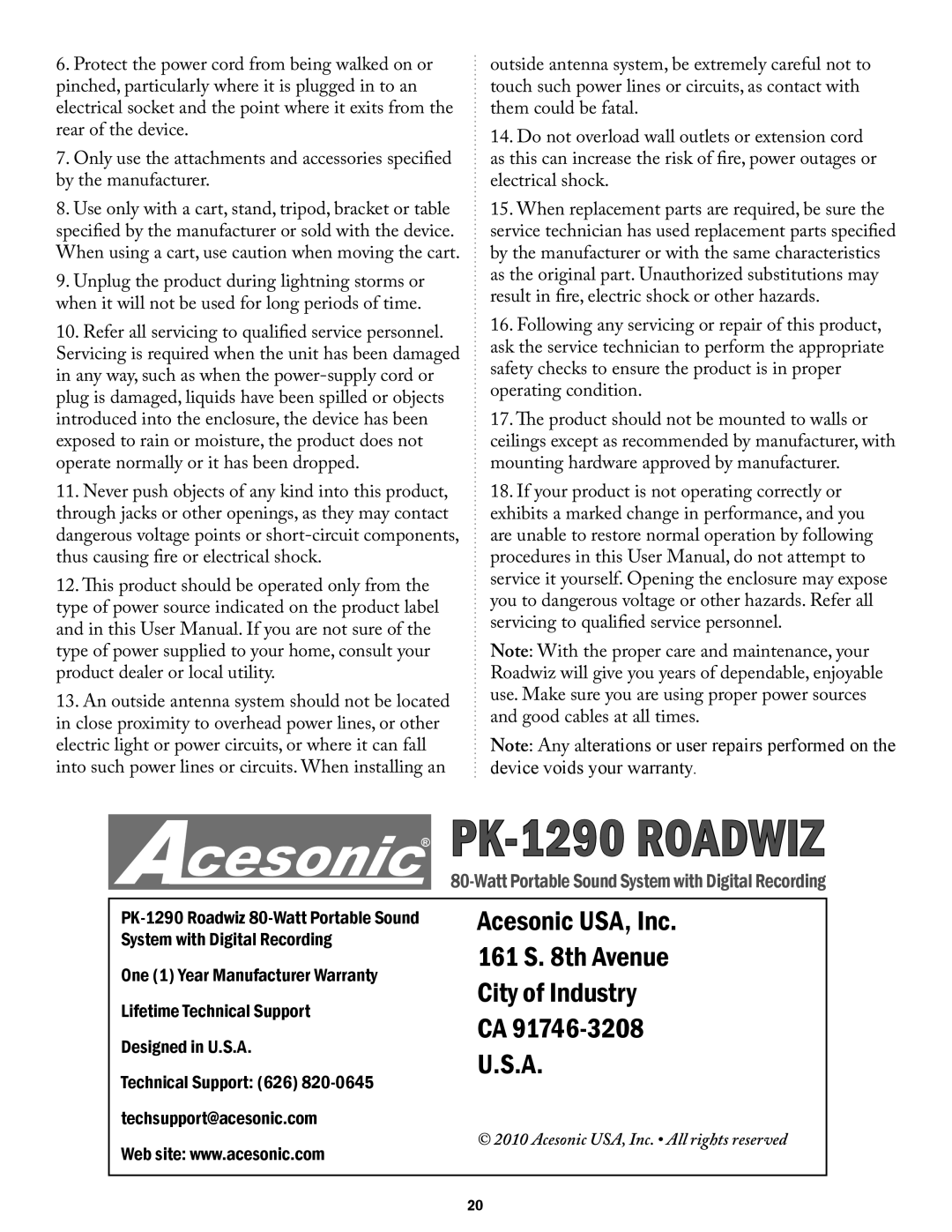 Acesonic user manual PK-1290ROADWIZ, Acesonic USA, Inc, 161 S. 8th Avenue, City of Industry, U.S.A 