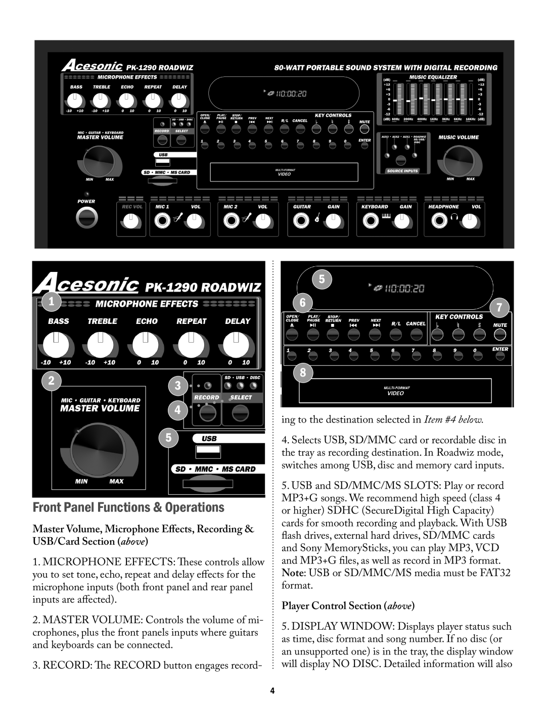Acesonic PK-1290 user manual Front Panel Functions & Operations, Player Control Section above 