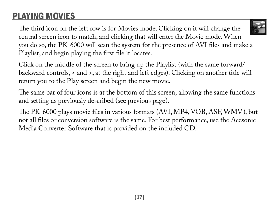 Acesonic PK-6000 user manual Playing Movies 