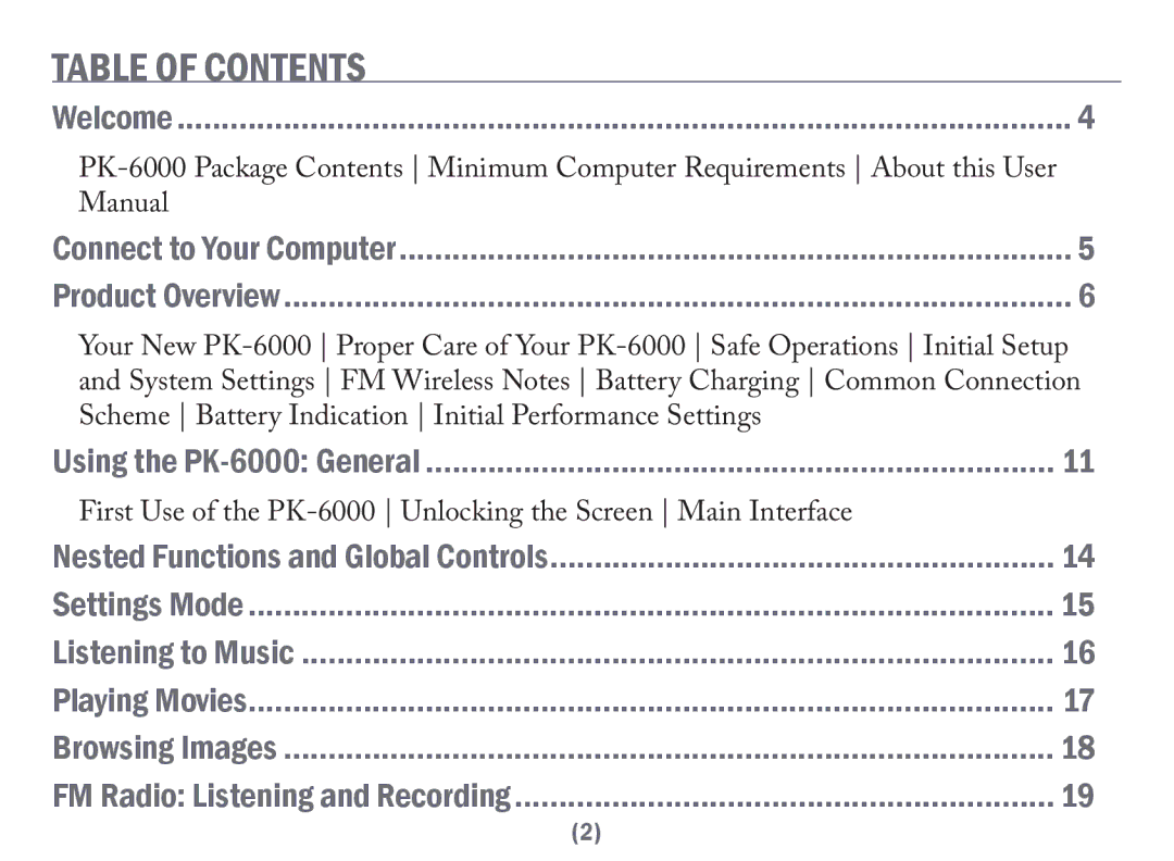 Acesonic PK-6000 user manual Table of Contents 