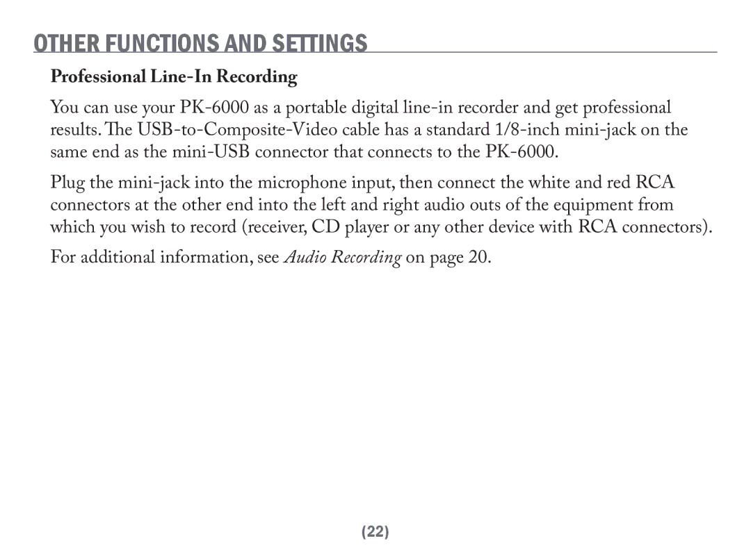 Acesonic PK-6000 user manual Other Functions and Settings, Professional Line-In Recording 