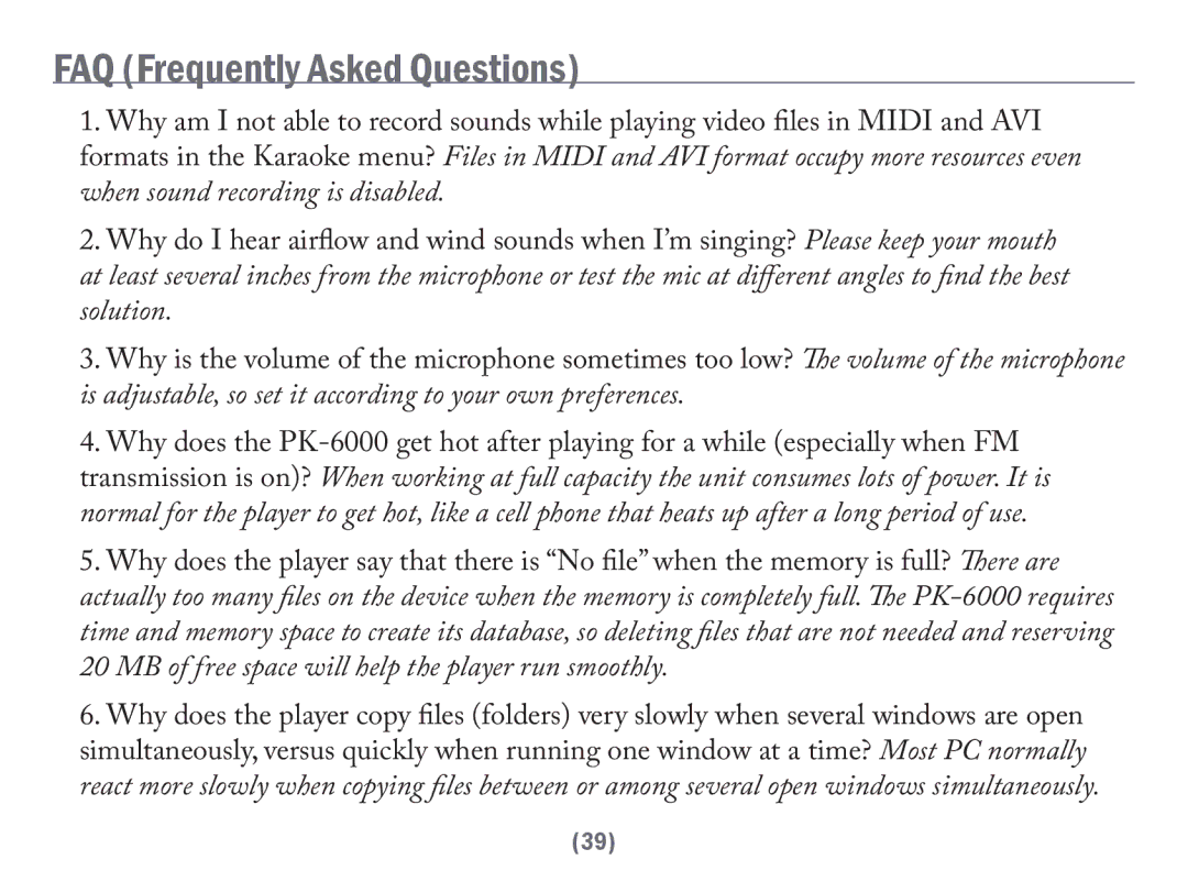 Acesonic PK-6000 user manual FAQ Frequently Asked Questions 