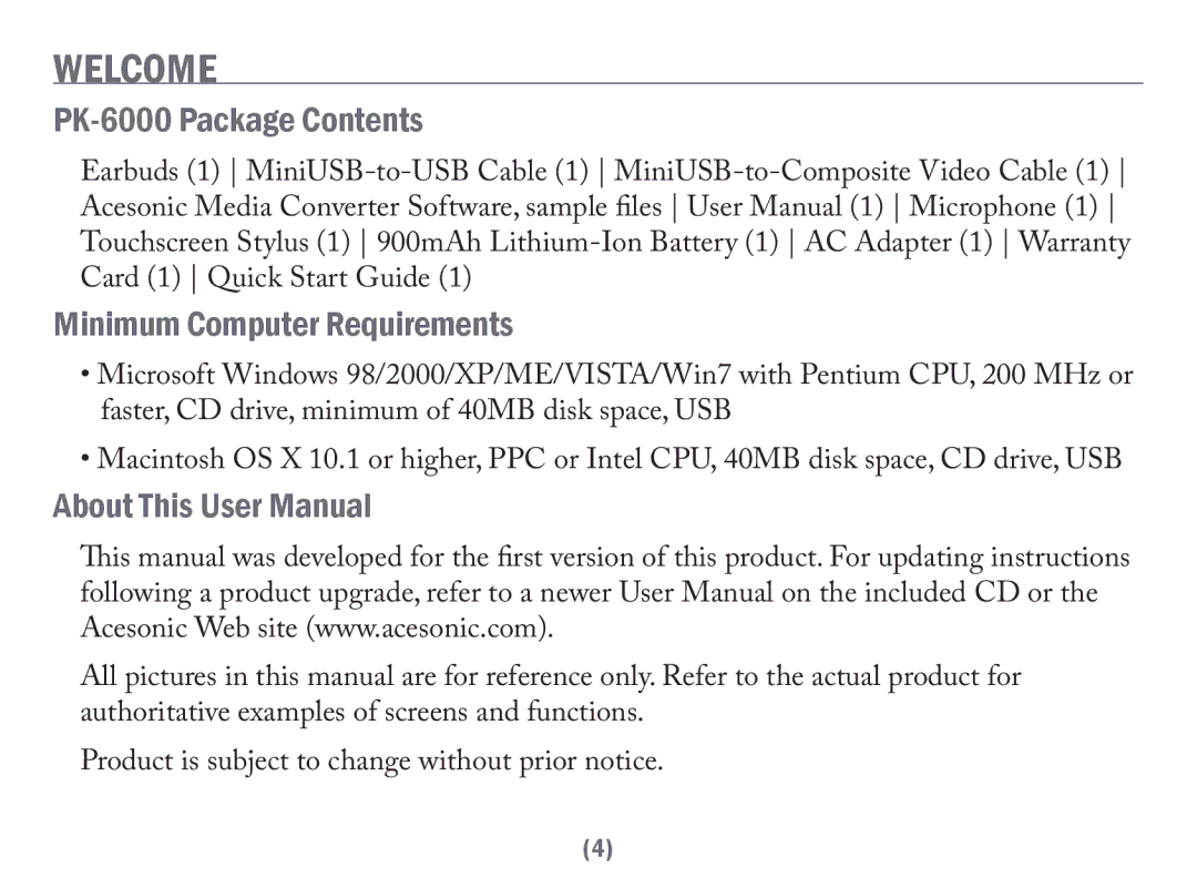 Acesonic user manual Welcome, PK-6000 Package Contents Minimum Computer Requirements 