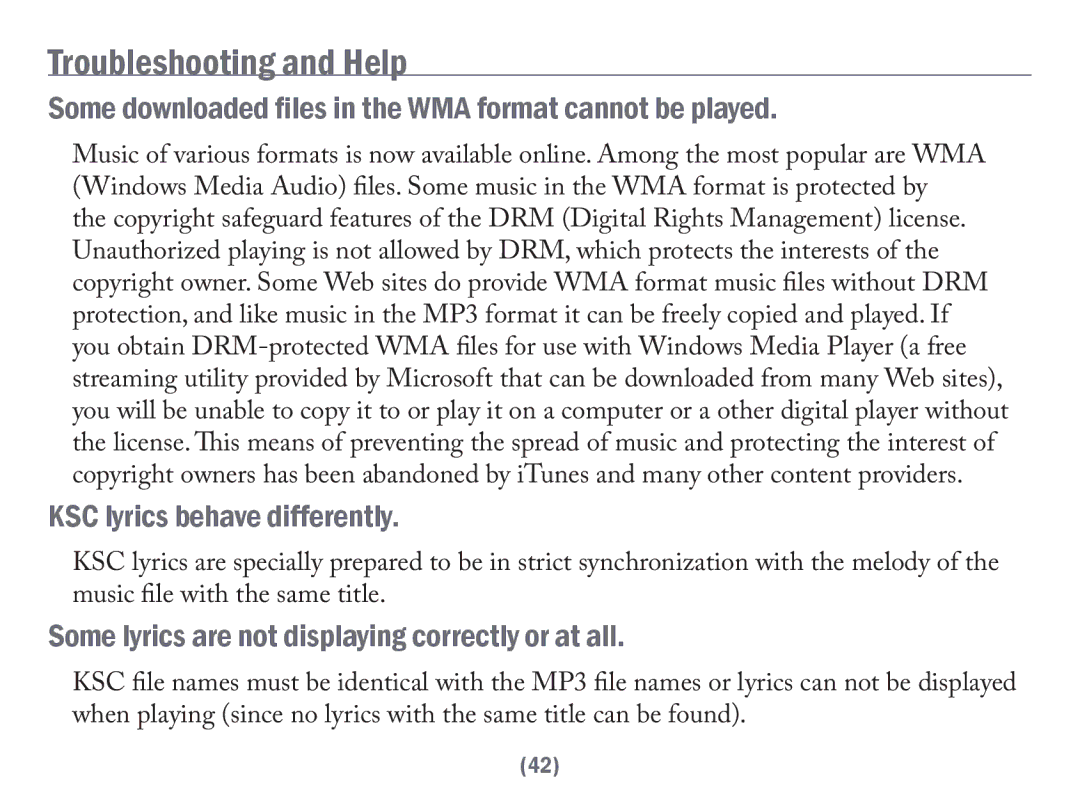 Acesonic PK-6000 user manual Some downloaded files in the WMA format cannot be played, KSC lyrics behave differently 