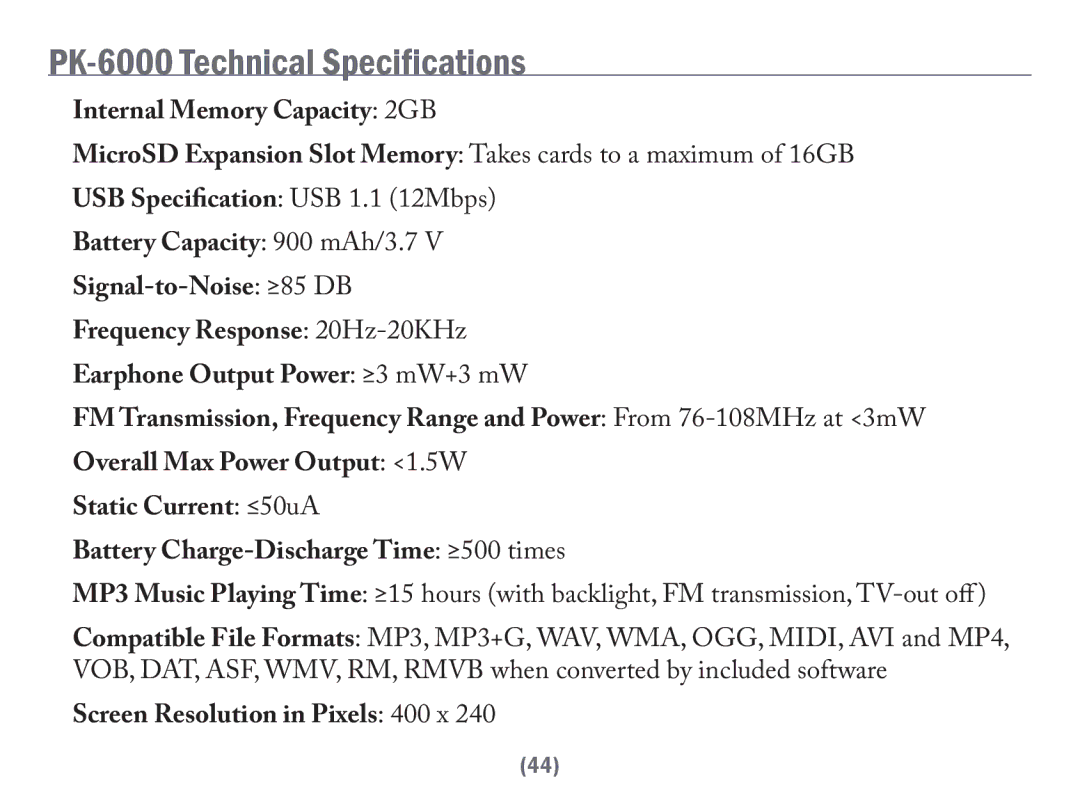 Acesonic user manual PK-6000 Technical Specifications 