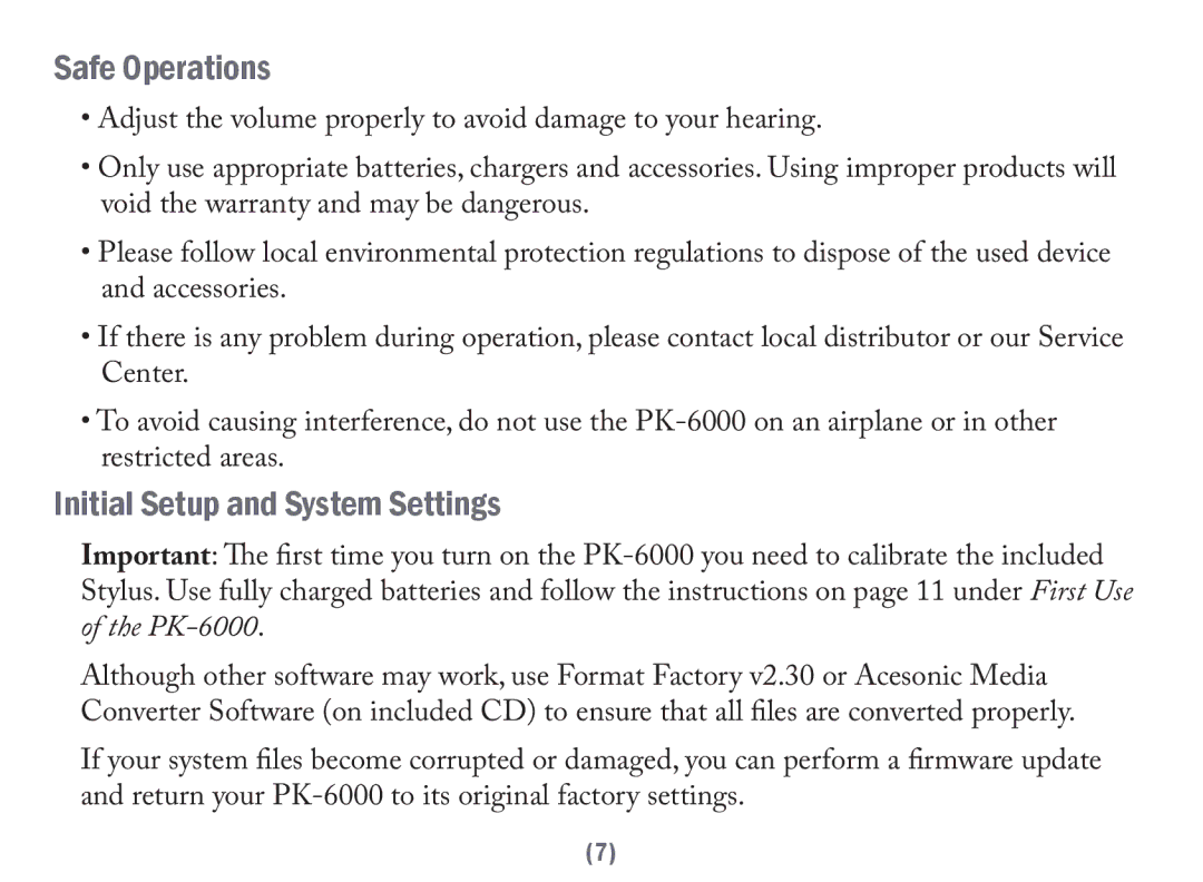 Acesonic PK-6000 user manual Safe Operations, Initial Setup and System Settings 